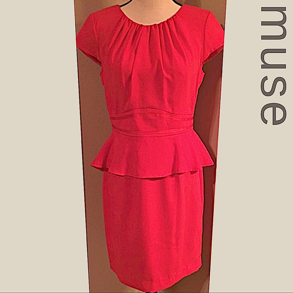 ✨NWT✨Classic Peplum Waist Red Dress w Pencil Skirt & Cap-Sleeves 🏷️by Muse